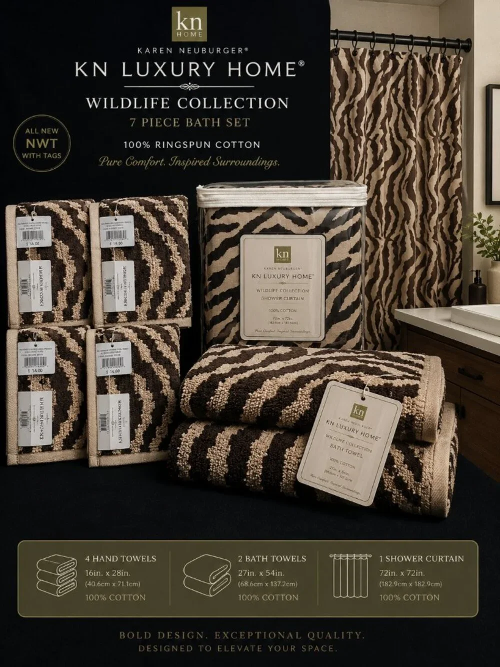 NWT Karen Neuburger KN Luxury Home Brown Zebra 7 Pc Bath Set Retired